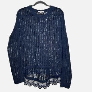 Solitaire Ravi Khosla Navy Blue Crochet Knit Lacey Elegant Sweater Womens Medium